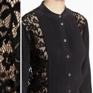 Equipment Femme Silk Lace Pleated Tuxedo Blouse Small Black Professional